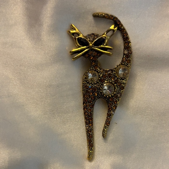 B.A.M Jewelry - Gold and Brown Cat Brooch/Pendant with Rhinestones